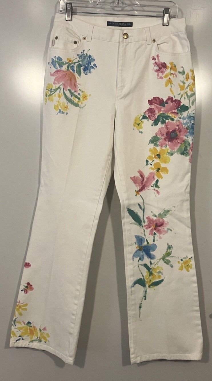 Vintage 90s Ralph Lauren Jeans Co Women’s White Denim Floral Pattern Jeans Sz 8